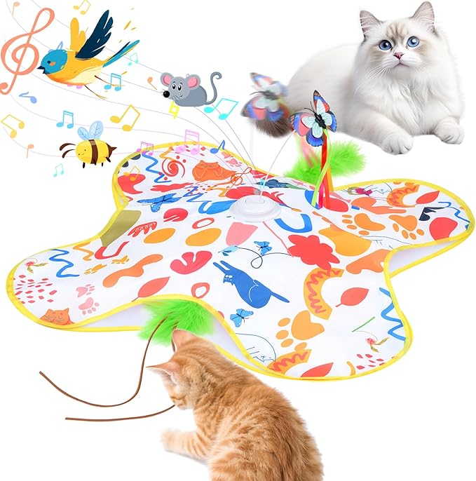 Qoosea Juguete para Gatos Interactivos Juguetes Gato Escondite, Recargable Interactivo Juguetes para Gato con Móviles Plumas Teaser y Mariposa Revoloteando, Eléctrico Juguete para Gatitos Interior