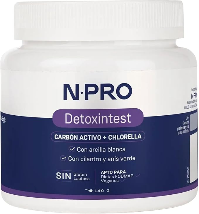 NPro SALUD INTESTINAL Detoxintest 140g Polvo – Suplemento con Carbón Activo de Coco, Chlorella, Cilantro y Arcilla Blanca – Favorece la Limpieza, Confort Intestinal y Reducción de Flatulencia Excesiva