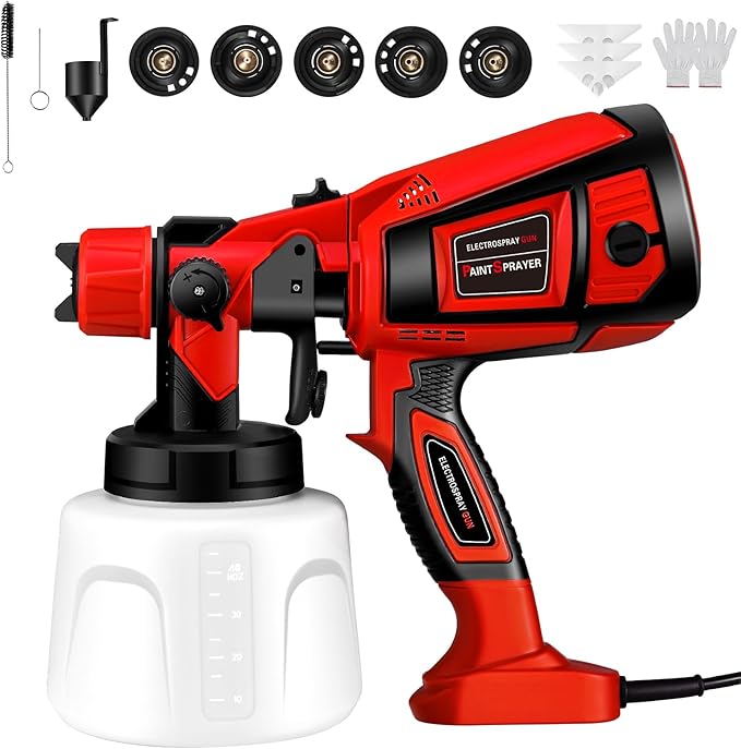 Pistola de Pintura,800W HVLP Pulverizador de Pintura Eléctrico con Recipiente de 1400ml, Flujo Máximo de 1000ml/min,4 Boquillas para la Pulverización y Limpieza del Bricolaje