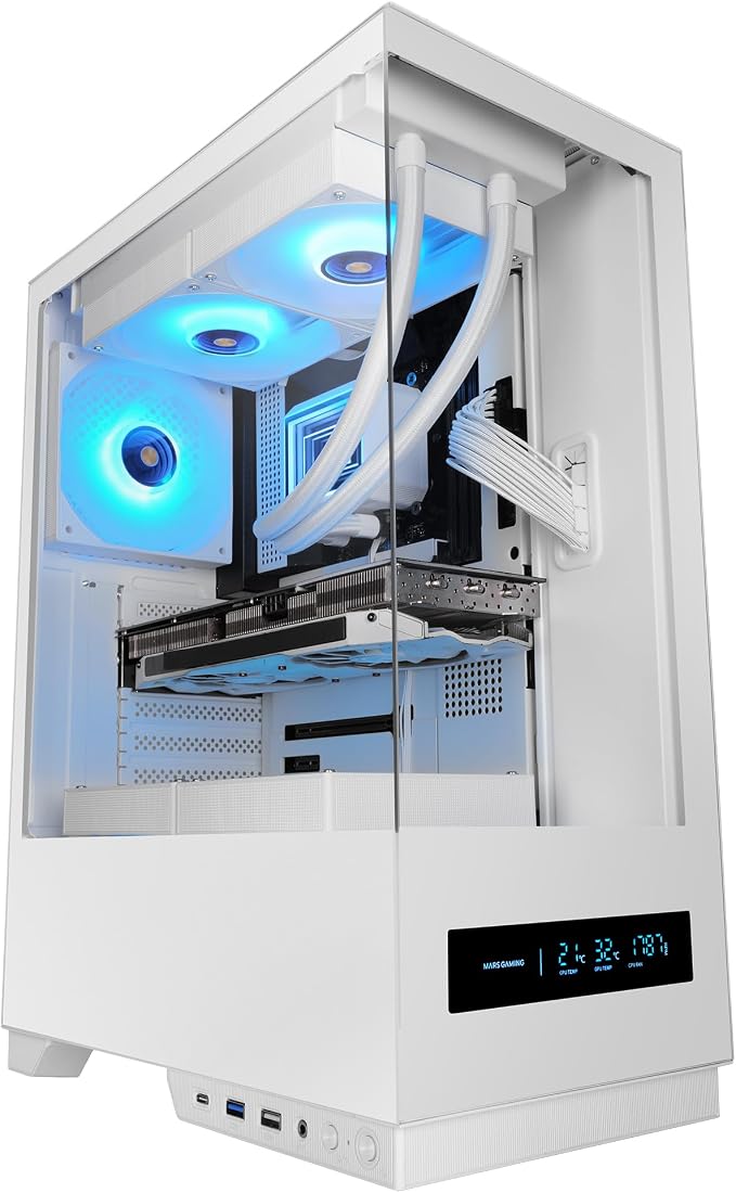 Mars Gaming MC-Pulsar, Caja Gaming ATX, Pantalla LCD Frontal en Tiempo Real, Doble Cristal Templado Frontal y Lateral, Sistema de Cableado CABLEHATCH, Refrigeración Líquida hasta 240mm, Blanco