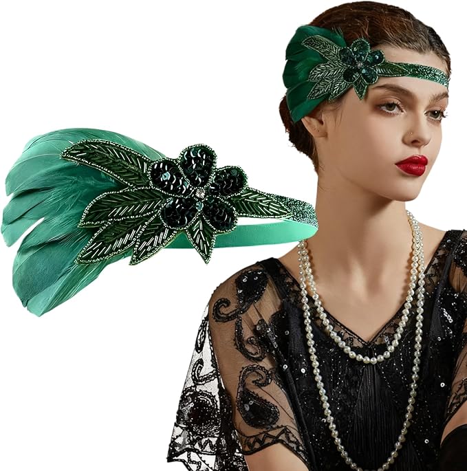 Diadema de plumas artificiales de los años 20 para mujer, estilo Gatsby, estilo Gatsby, para fiestas, carnaval, disfraces, accesorios (verde)
