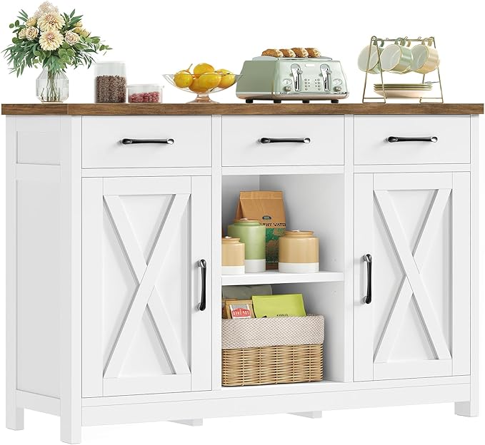TEENFON Aparadores para Salon con 3 Cajones, Aparador Cocina con Estantes Ajustables, Armario Cocin con Trabajo para Pasillo, Cocina, Comedor, Dormitorio y Baño - 90 x 30 x 80 cm - Blanco