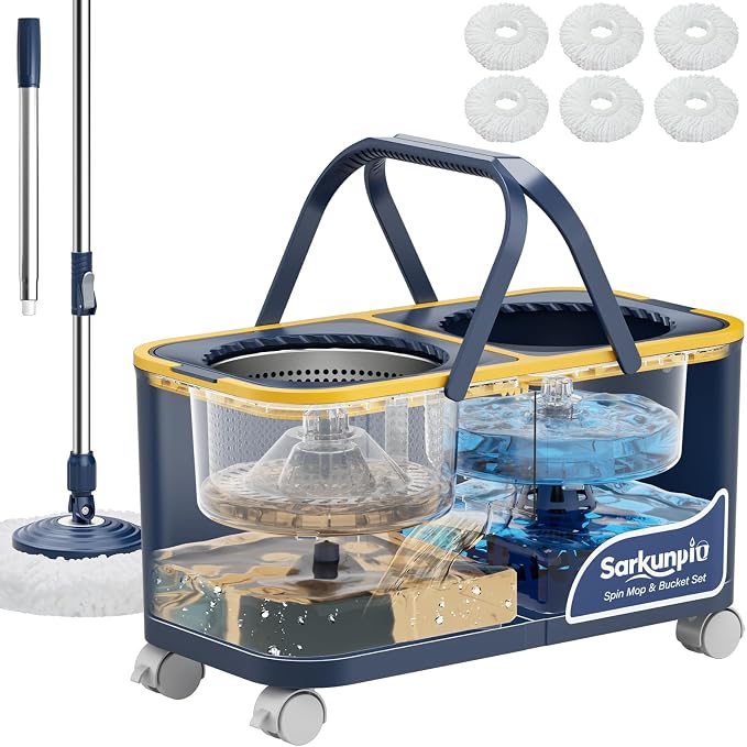 Cubo Fregona Escurrefácil con 4 Cámaras y 4 Ruedas, Sistema de Fregona Giratoria y Cubo Giratorio 360º, Separa el Agua Limpia y la Sucia, Sistema de Limpieza de Suelos con 6 Cabezales