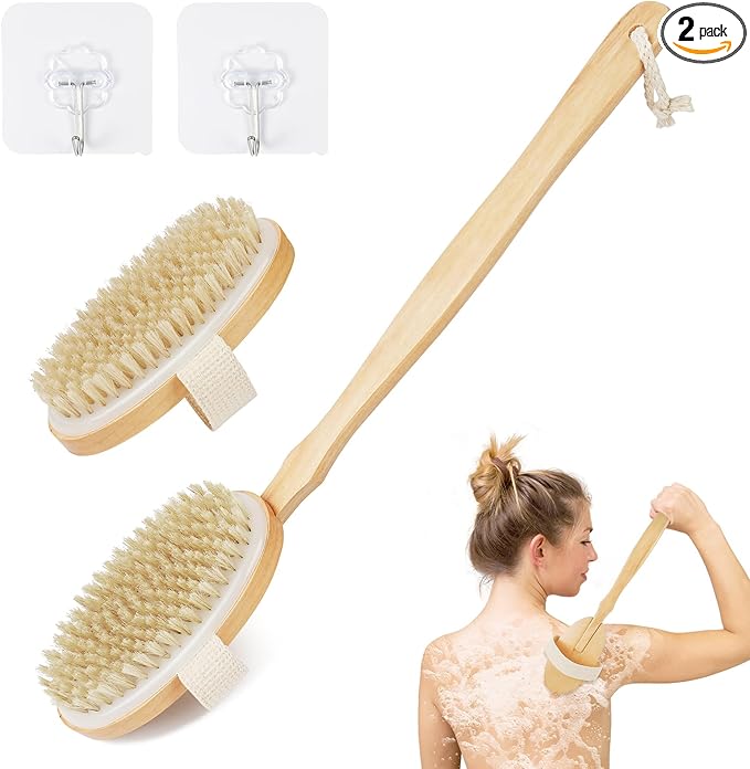 2PCS Cepillos de Cerdas Naturales para el Cuerpo, 43CM Cepillo Exfoliante Corporal con Mango Largo(Desmontable), Uso Seco y Húmedo para Eliminar Piel Muerta Mejora, Funciones Linfáticas(Oval)