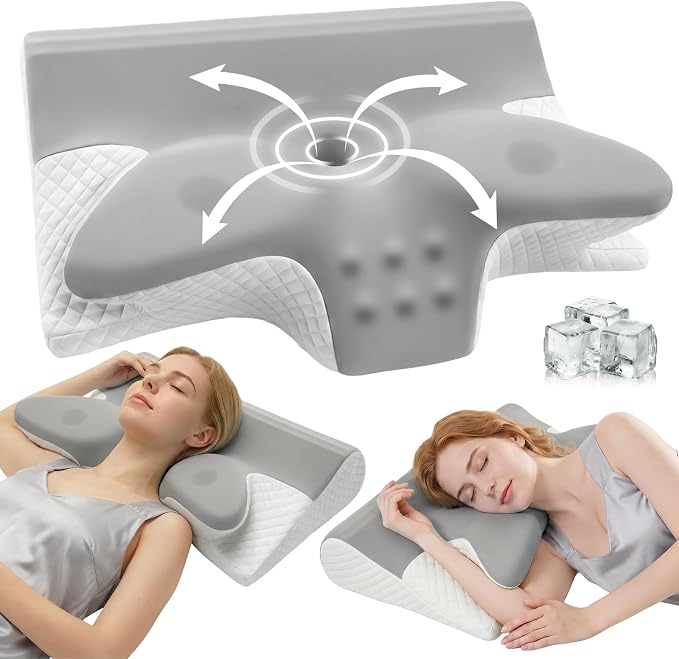 Almohada Cervicales y Cuello 2 en 1, Almohada Ergonómica, Almohada Antironquidos, Ortopedica Cervical para Soporte de Hombro/Cuello/Cabeza de Lado, Espalda y Estómago (60x43x14/12cm Gris)