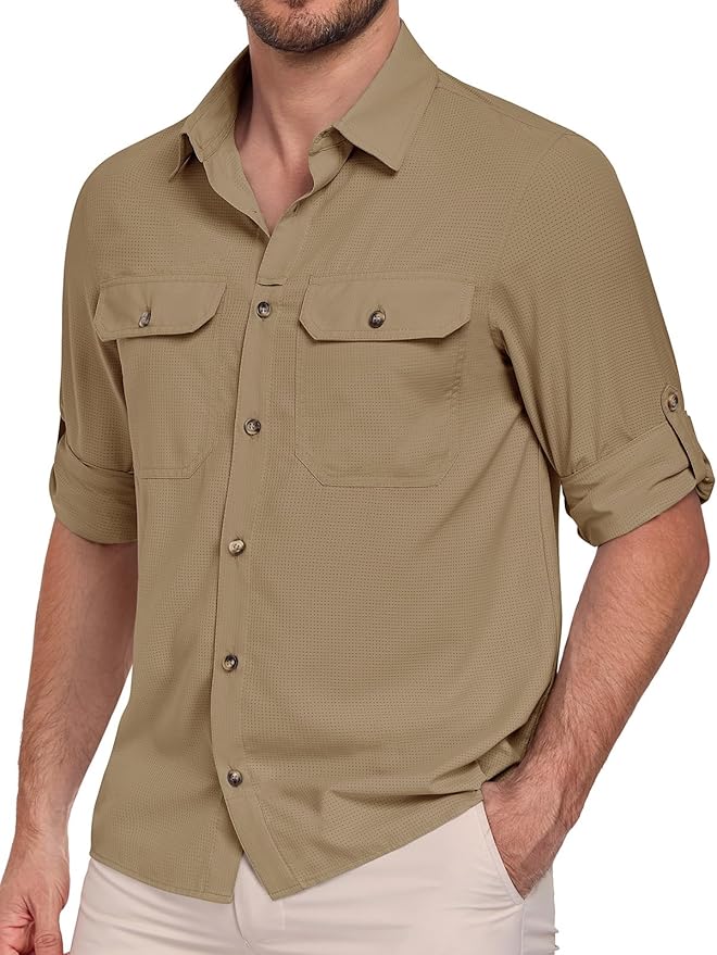 heekpek Camisas Hombre Manga Larga Verano Safari Camiseta con Botones Proteccion Sola UVUPF50+ para Senderismo Pesca