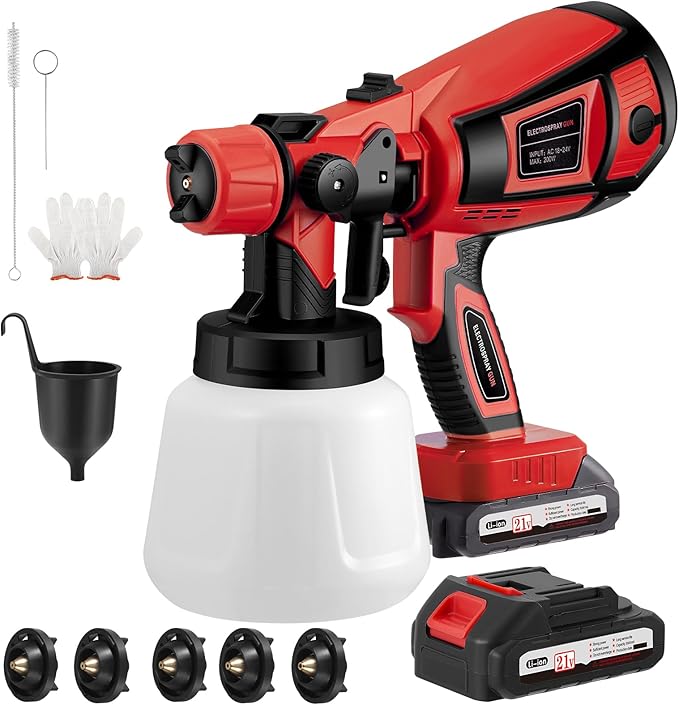 Pistola Pulverizadora de Pintura Inalámbrica de 150W y 18000RPM con 2 Baterías, 5 Boquillas y 3 Modos de Pulverización con Depósito de 900ml, Ideal para Pintar Casas, Paredes, Vallas y Techos