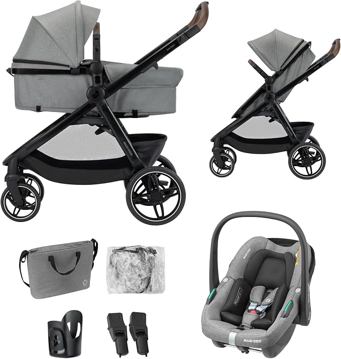 Maxi Cosi Zelia Select Trio, Cochecito de Bebé 3 en 1 con Silla de Coche, 0-4 Años (0-22 kg), Plegado con una mano, Compacta y Reversible, con Silla Coche Bebé CabrioFix S i-Size incluida, Gris