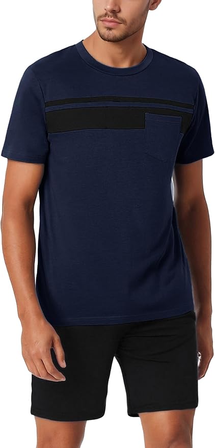 Bresdk Pijama Hombre Verano Ropa de Dormir de Algodón Manga Corta Conjunto de Pijama con Top Y Pantalones Suave y Cómodo S-3XL