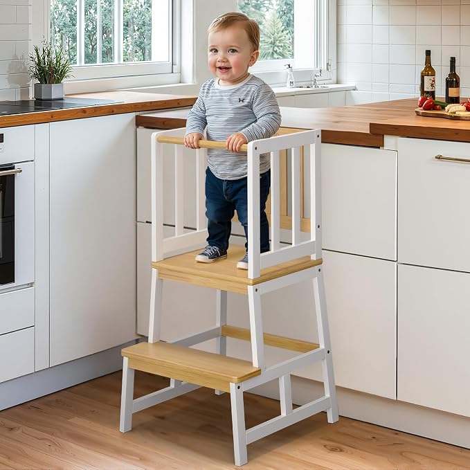 COSYLAND Torre de Aprendizaje Montessori para Niños Mayores de 18 Meses, Estructura Antivuelco y Estable (Blanco Cremoso Y Natural)