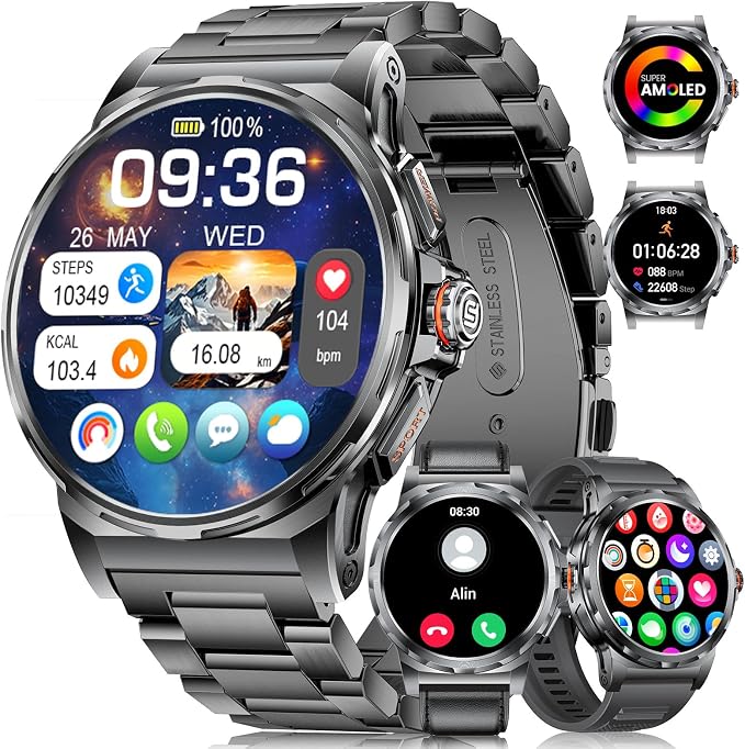 Reloj Inteligente Hombre con 3 Correas, 1.43" HD AMOLED Smartwatch Hombre con Llamadas Bluetooth, Monitor de Sueño, 5ATM Impermeable, 100+ Modos Deportivos para Android iOS