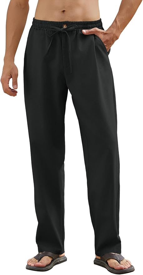 CMTOP Pantalones Lino Hombre Verano Pantalon Lino Hombre Casual Anchos Largos Pantalon Color Sólido Ligeros Pantalón Cintura Elástica Pantalones Piernas Rectas con Bolsillos, Cordón