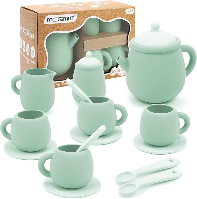 MCGMITT Juego de Té Infantil de Silicona 15 Piezas, Tetera y Tazas Juguete, Libre de BPA, Juego de rol y Fiesta de Té con Accesorios de Cocina para Niños 3 4 5 Años, Pretend Play Educativo