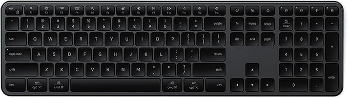 SATECHI Teclado Inalámbrico Slim EX3, Distribución 𝗤𝗪𝗘𝗥𝗧𝗬 𝗨𝗦, Bluetooth con Keypad Numérico, Multi-Dispositivo 4 en 1, Receptor 2,4 GHz y Recargable, para Mac, Windows y Android – Negro