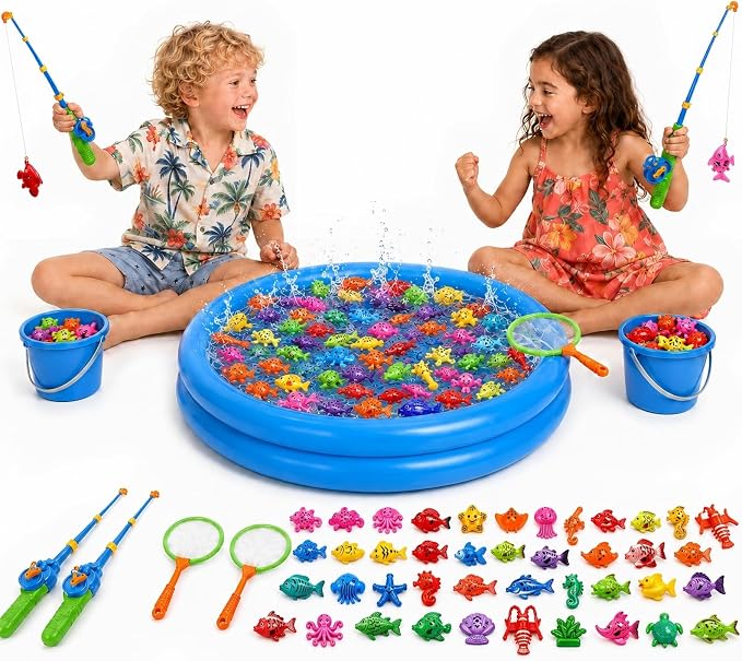 XXL Juego de Pesca Magnético 59 Pcs con Piscina Hinchable - Juguete de Playa, Camping y Exterior para Niños 3-5 Años - Set de Vacaciones con 2 Cañas, 2 Redes, 2 Cubos & Bolsa de Transporte
