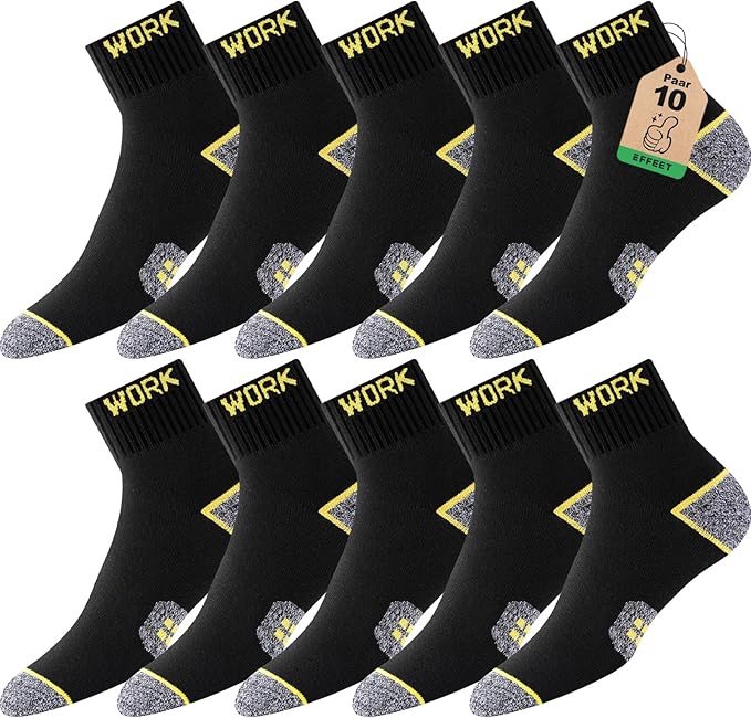 Calcetines de Trabajo para Hombre - 10 Pares, Calcetines Cortos Tipo Quarter, Transpirables con Suela Acolchada,Duraderos y Cómodos，WORK Socks