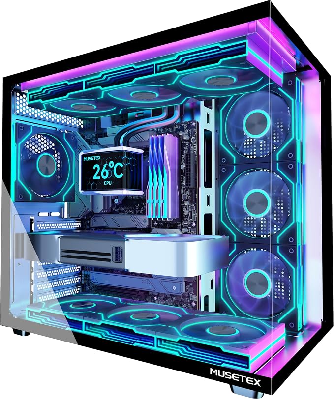 MUSETEX Y6 Caja PC, con 7 Ventiladores PWM ARGB de Espejo Infinito Preinstalados, Caja de Computadora ATX de Torre Mediana, Caja PC Gaming con Tipo-C, Cristal Templado de Vista Completa de 270°, Negro