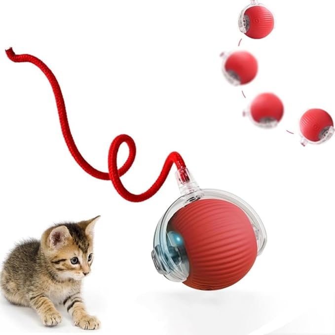 Pelota Juguetes Gatos, Eléctricos Juguete Interactivo Gato y Perro con Cuerda, Inteligente Pelota interactiva Perro rotación automática,Juguetes para Gatos y Perros, Rojo