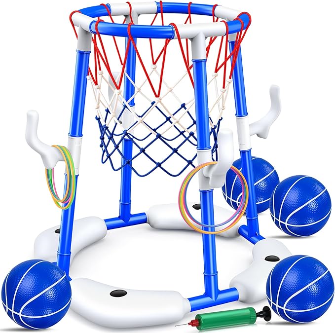 HaoVrisn Canasta de Baloncesto para Piscina, Juguetes Piscina 2 en 1, Juegos de Agua para Niños con 4 Pelotas Flotantes, 12 Anillas y Bomba, Juguete Veraniego Familiar para Fiesta en Piscina