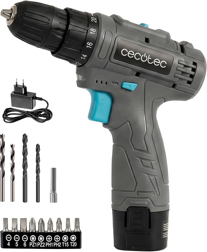 Cecotec Taladro a Batería PowerForce 1000. 12V 2000mAh, 2 Velocidades 400/1400rpm, Par de Apriete 28Nm en 20 Niveles, Luz LED, Cambio de Broca sin Llave, Diseño Ergonómico, Incluye Puntas y Brocas