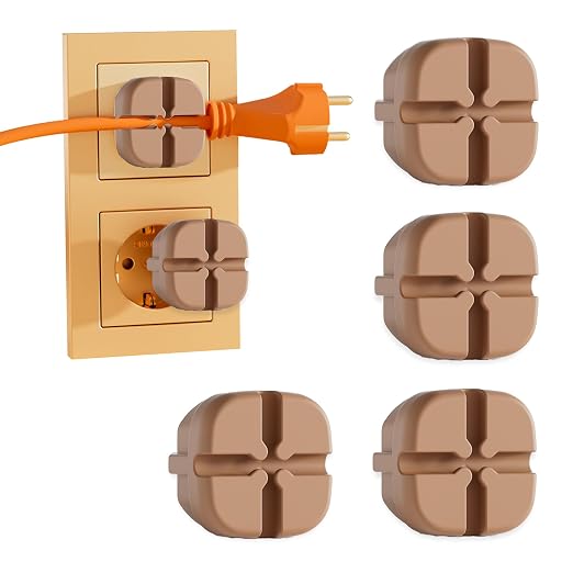 Pack de 4 protectores de enchufes con pinzas para cables, antipolvo y salpicaduras de agua, apto para cocinas y baños (4 marrones)
