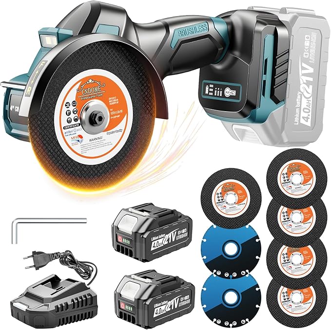 Yofuly Mini Amoladora Angular Batería 100mm Compatible con baterías Makita de 18v, 3 Velocidades 18000RPM Radial Pequeña Eléctrica con 7 Discos de Cort, 2 Baterías de 4,0 Ah