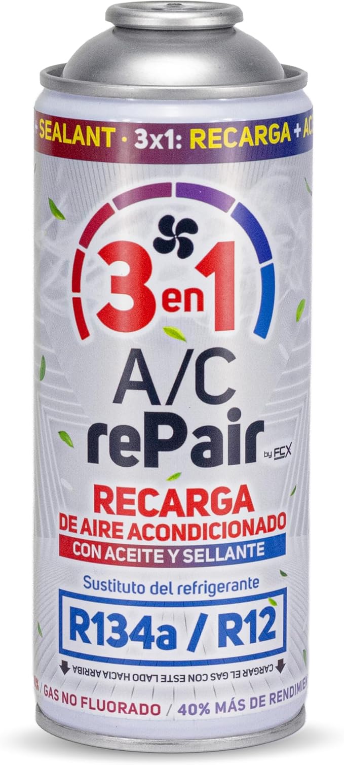 AC REPAIR 3 en 1 Recarga Aire Acondicionado Coche con Aceite y Sellante Detector Tapa Fugas 220g, Sustituto Gas Refrigerante R134a R12, Fácil de Usar, Recambio Sellador Compatible Coches 1992-2016
