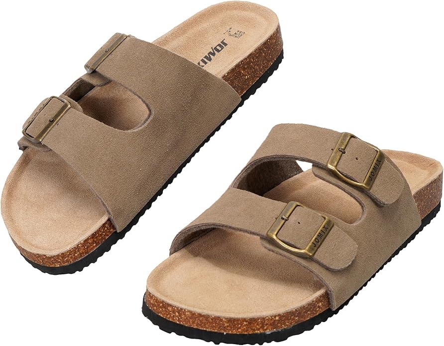 JOMIX Sandalias Hombre de Cuero con Doble Hebilla Zuecos Verano con Plantilla de Corcho Cómoda Chanclas de Planas y Antideslizantes