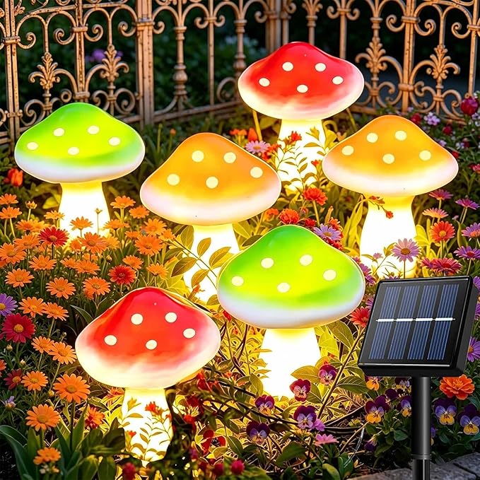 Cozymeow Adornos de Jardín con 6 Luces LED Solares de Hongos - Impermeables para Exterior, Caminos, Paisajes, Vallas, Césped, Patio - Decoración para Fiestas y Bodas