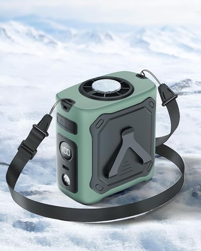 2026 Ventilador de cinturón portátil,refrigeración personal,29H batería 8000mAh y,5 velocidades y 13000 RPM,luz LED con función SOS,para obra,camping,exteriores y trabajo en verano Verde militar