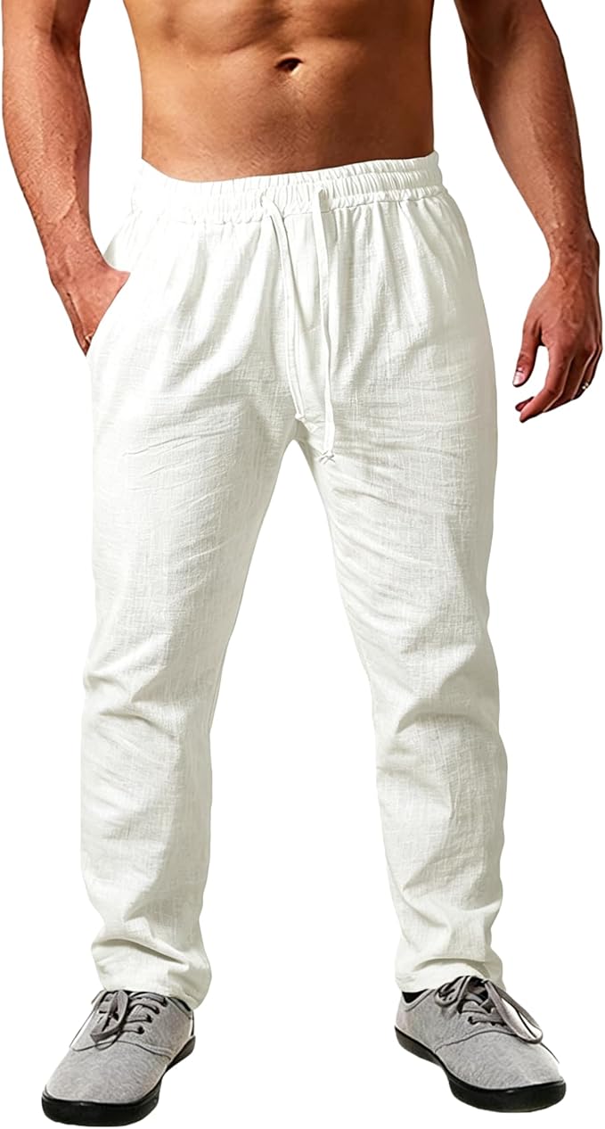 Cegerne Pantalones de Lino Hombre Verano Largos Ligeros y Transpirables, Corte Holgado, Cintura Elástica con Cordón Ajustable – Ideales para Vacaciones, Playa y Uso Diario