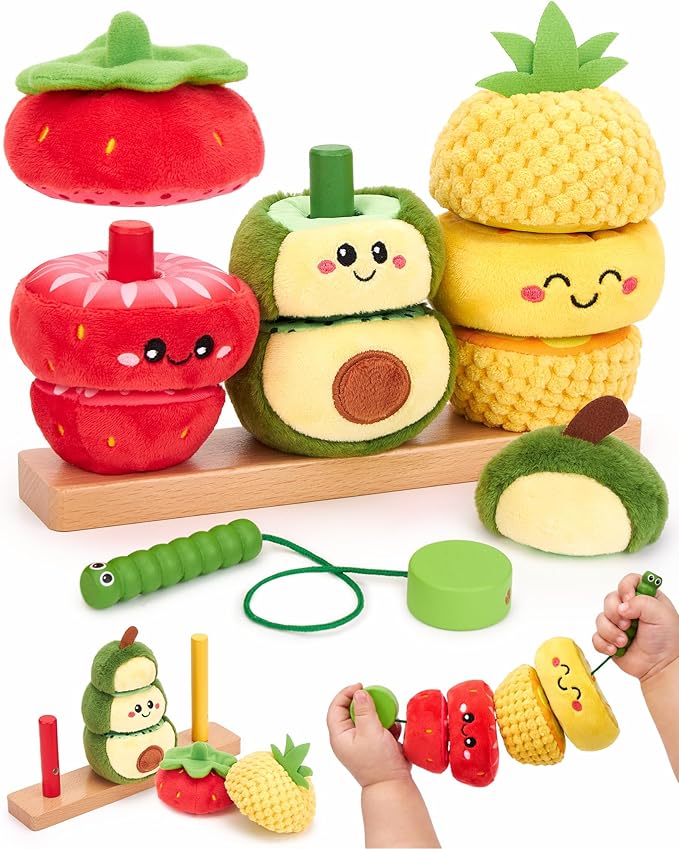 hahaland Juguetes Montessori 1 año - Frutas de Peluche Suaves y Apilables, Juego Educativo Niños 1 año Peluches Sensorial Regalo para Bebes 12 Meses +