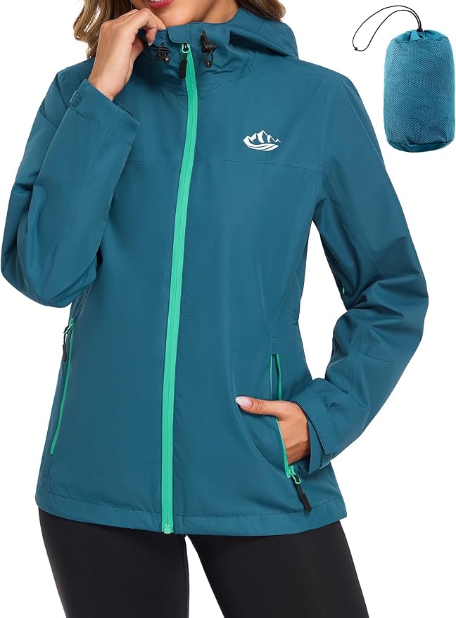 CMTOP Chubasquero Mujer Impermeable Ligero Plegable, Transpirable Deportiva Chaqueta Impermeable Mujer con Capucha, Exteriores Cortavientos Abrigo de Lluvia con Bolsillo