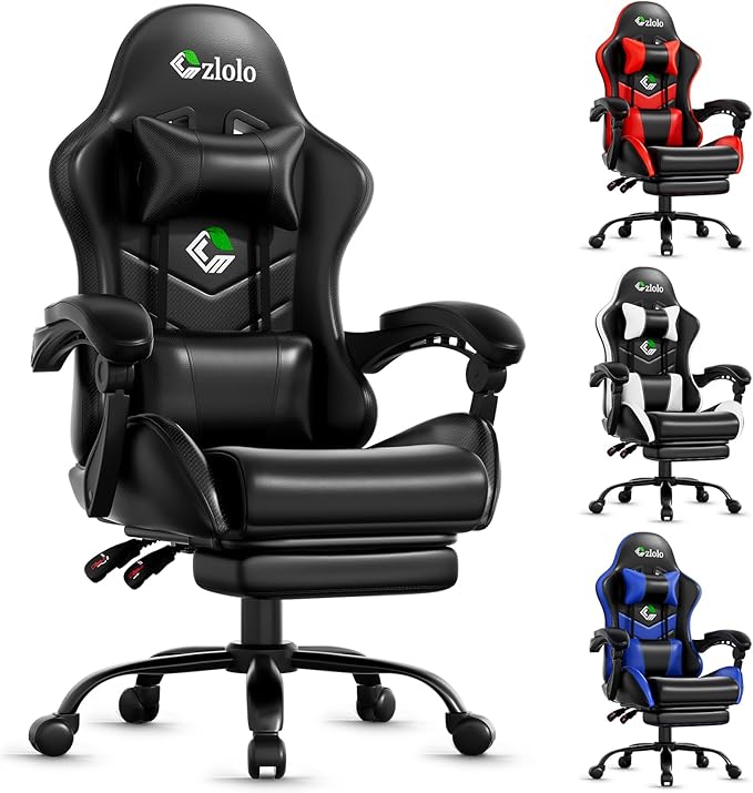Czlolo Silla Gaming, Silla Gamer Ergonómica con Reposapiés y Masaje Lumbar, sillas Gaming Reclinable y Reposacabeza, Carga 150kg, Silla Oficina Juvenil, Negro