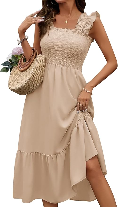 Vestido Verano Mujer Vestidos Largo Vestido Cuello Cuadrado sin Mangas con Volantes Vestido Elástico Casual Vestido Elegantes Vestidos de Playa