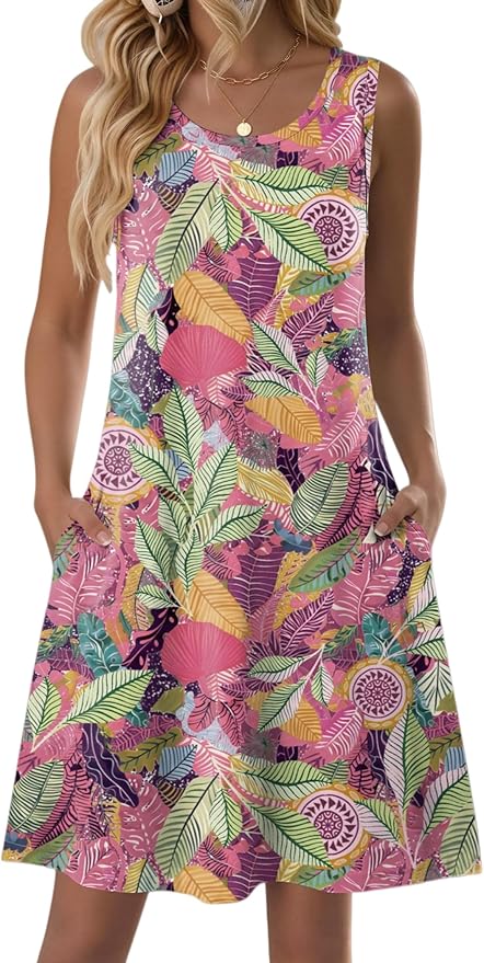 Zeagoo Vestido de Verano para Mujeres Sin Mangas Ligero Vestido de Playa Vestido Floral con Bolsillos
