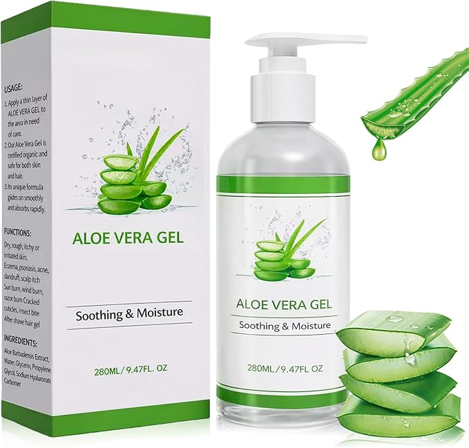 Aloe Vera Gel 100% PURO, 280ml Gel Aloe Vera Cultivo, After Sun, Hidratante Piel Cabello, Ideal para Quemaduras Solares, Reparar Piel Seca, Estresada y Sensible