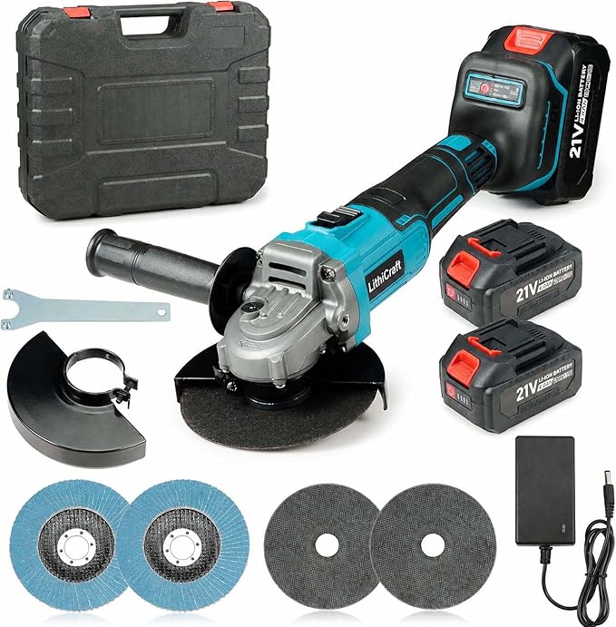 Amoladora angular inalámbrica 125 mm, amoladora brushless 10000 rpm con 2 baterías de 4,0 Ah y cargador, para metal, piedra y azulejos, con maletín