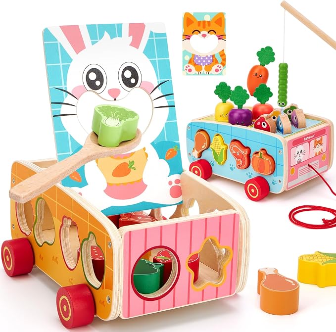 hahaland Juguetes Montessori 1 Año de Madera, 5 en 1 Actividades Educativas con Clasificación de Formas, Pesca Magnética y Juego de Alimentación, Regalo Bebé Niño Niña 1-3 Años