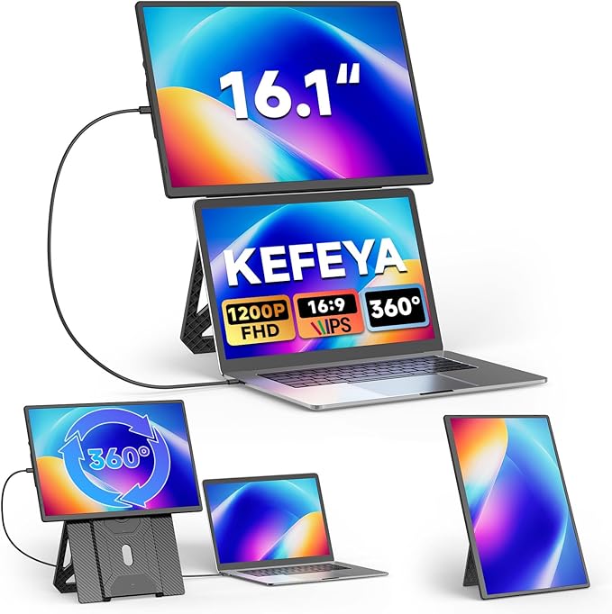KEFEYA 16.1" Extensor Pantalla Portatil, FHD 1200P IPS Double Monitor Portatil para de 13 a 17,3”, Plug-and-Play para Viajes de Negocios, Compatible con Windows/Mac/Android/VESA
