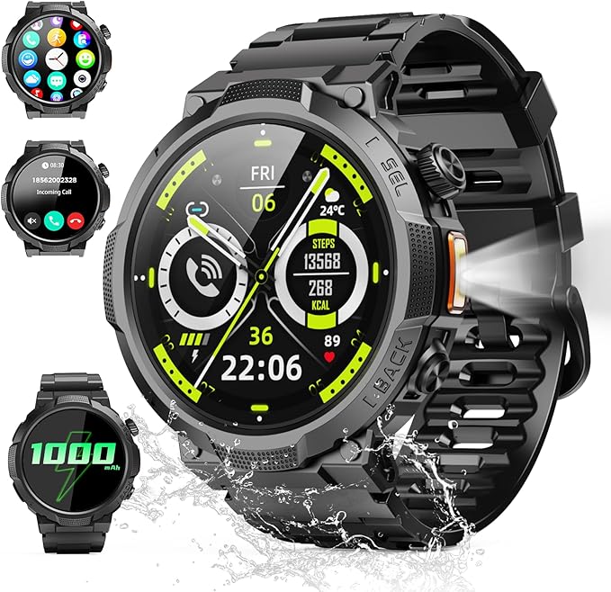 Reloj Inteligente Hombre con Linterna, 1.53'' Militar Smartwatch con Batería de 1000mAh, IP68 Reloj Deportivo con Llamadas Bluetooth/Monitor de Sueño/Pulsómetro, 100+Modos Deportivos para Android iOS