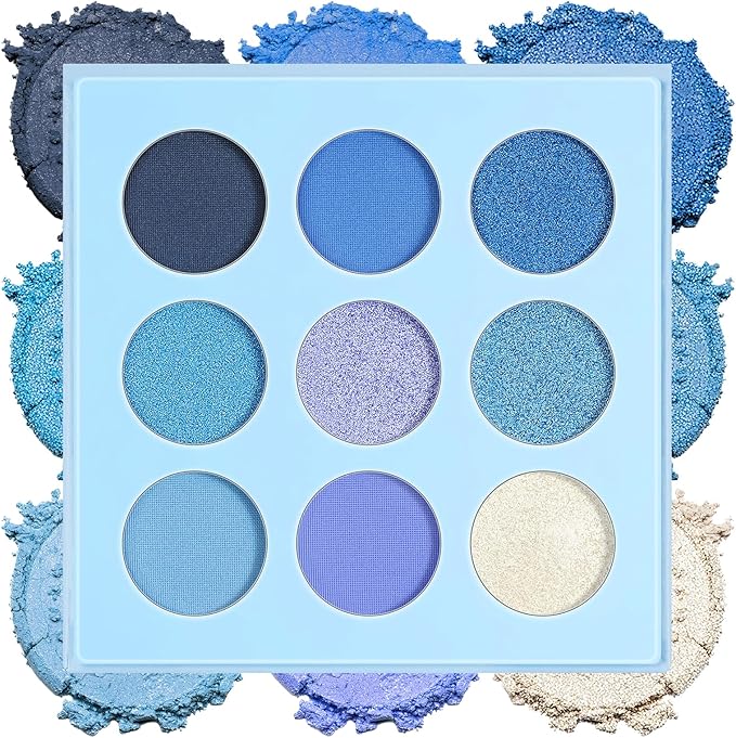 Sombras de Ojos, Azul Paletas de Sombras de Ojos, Paleta Maquillaje Profesionales, Fórmula Vegana, Altamente Pigmentada 9 Colores, Múltiples Acabados, Eyeshadow Palette Mate y Perlado, 1.4g x 9