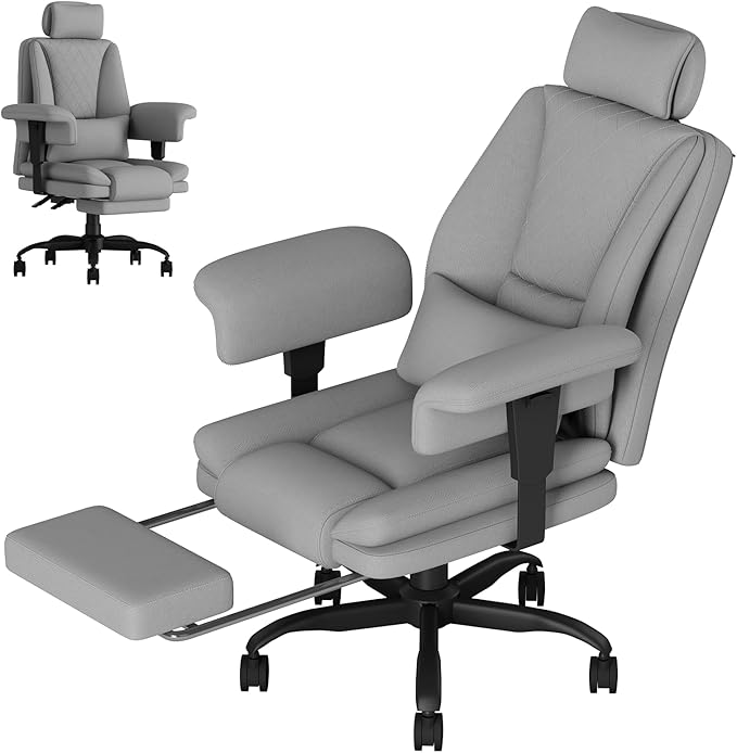 Silla Oficina Ergonomica con Respaldo Alto, Silla Escritorio Ejecutiva 200KG, Silla Gaming de Asiento Ancho Reposapiés Soporte Lumbar, Silla Escritorio Reclinable Reposabrazos Elevables, Gris