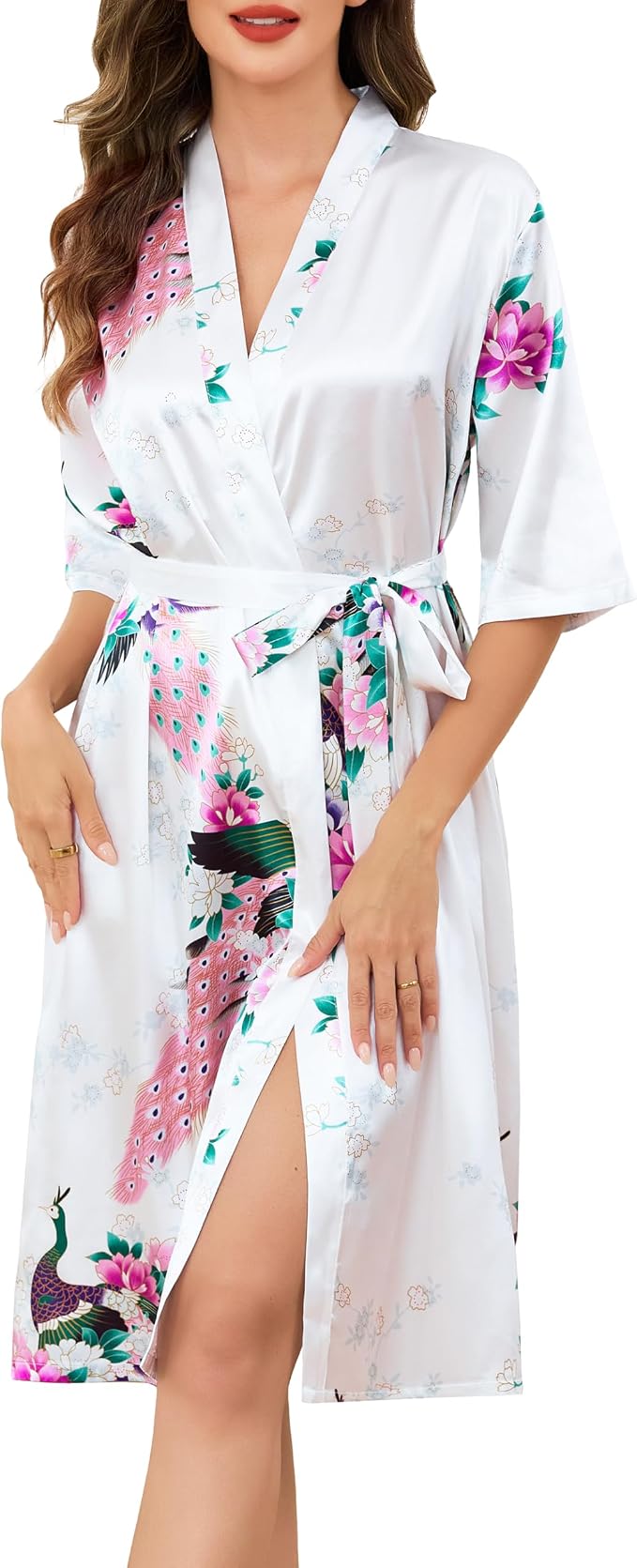 Vlazom Albornoz de Kimono para Mujer, Albornoces Largos de Satén con Estampado de Pavos Reales y Flores S-XXL