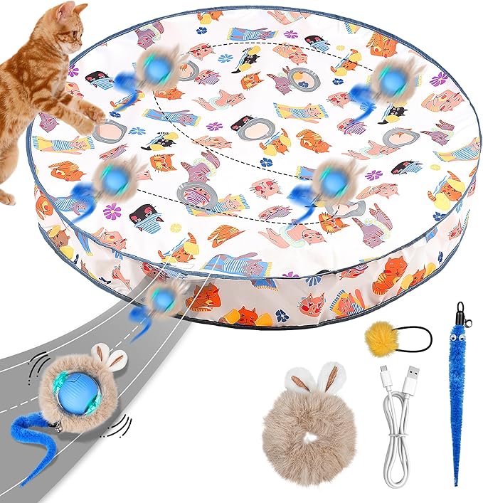 Vicloon Juguete Interactivo para Gatos, Juguetes para Gatos, Juguete Inteligente Interactivo para Gatos con Plumas Desmontables, Juguete de Bola USB, Tapete de Laberinto de 7 Agujeros(Animales)