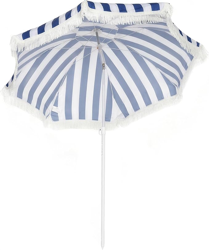 Outsunny Sombrilla de Playa con Flecos Ø180 cm, Sombrilla de Terraza Exterior con Altura Ajustable, Inclinación 30°, Anclaje Arena y Bolsa de Transporte