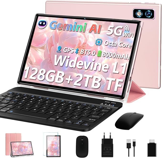2026 Tablet 10 Pulgadas Android AI, Octa-Core 2.0GHz, 22GB(6GB+16GB)+128GB/TF 1TB, 8000mAh Batería, Widevine L1, GPS, 5G WiFi, Bluetooth5.0, Tablet con Funda, Teclado y Ratón - Dorado