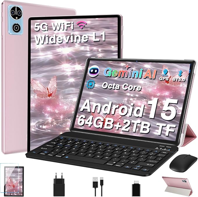 Tablet Android 15 Tablets 10 Pulgadas con Gemini AI, 64GB+2TB TF, 5G Wi-Fi, Octa-Core 2.0GHz, Widevine L1, 8+5MP, GMS, 6000mAh, Facial ID,GPS,BT5.0, 2 en 1 Tablet con Teclado,Ratón y Funda - Oro Rosa