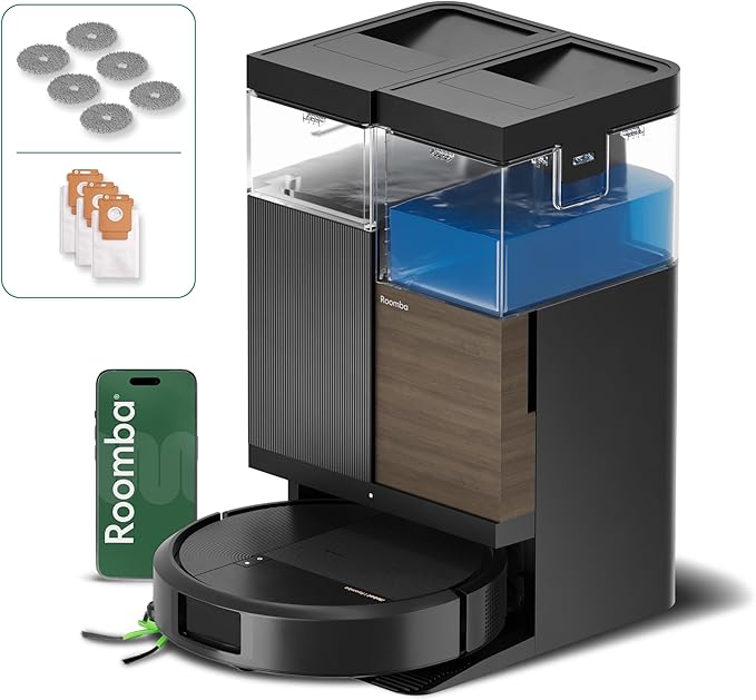 iRobot Roomba Plus 576 Combo y Base AutoWash multifunción, 25KPa, Mopas DualClean PerfectEdge, Lavado/Secado Calor, IA, PrecisionVision, Clearview Pro LiDAR, 90 días autonomía,Accesorios Extra, Negro
