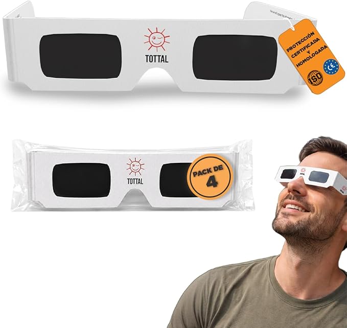 Tottal Gafas Eclipse Solar Homologadas ISO 12312-2 Agosto 2026 Gafas Protección Certificadas CE + Filtro Seguro UV/IR Ligeras + Cómodas + Fácil de Usar Glasses